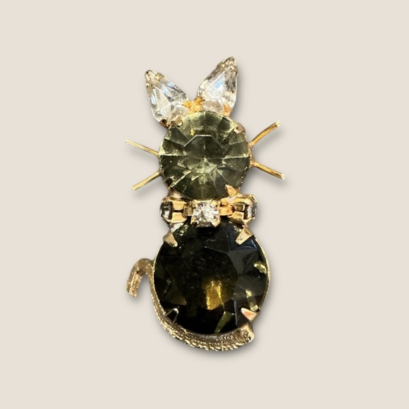 Vintage Estate Rhinestone Gold tone Cat Brooch - Picture 1 of 3